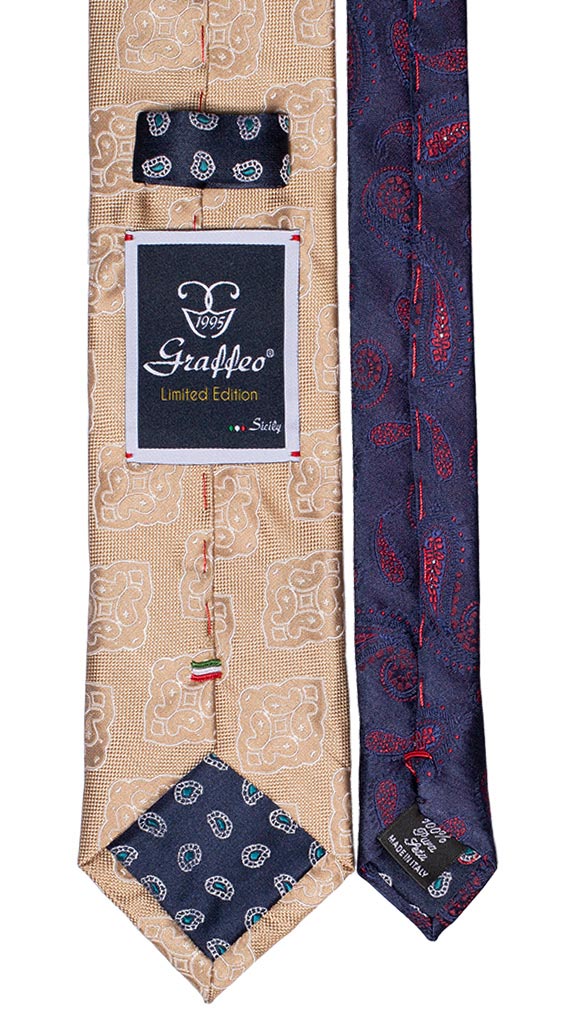 Cravatta Beige Medaglioni Bianchi Nodo In Contrasto Beige Fantasia Bianca Made in Italy Graffeo Cravatte Pala