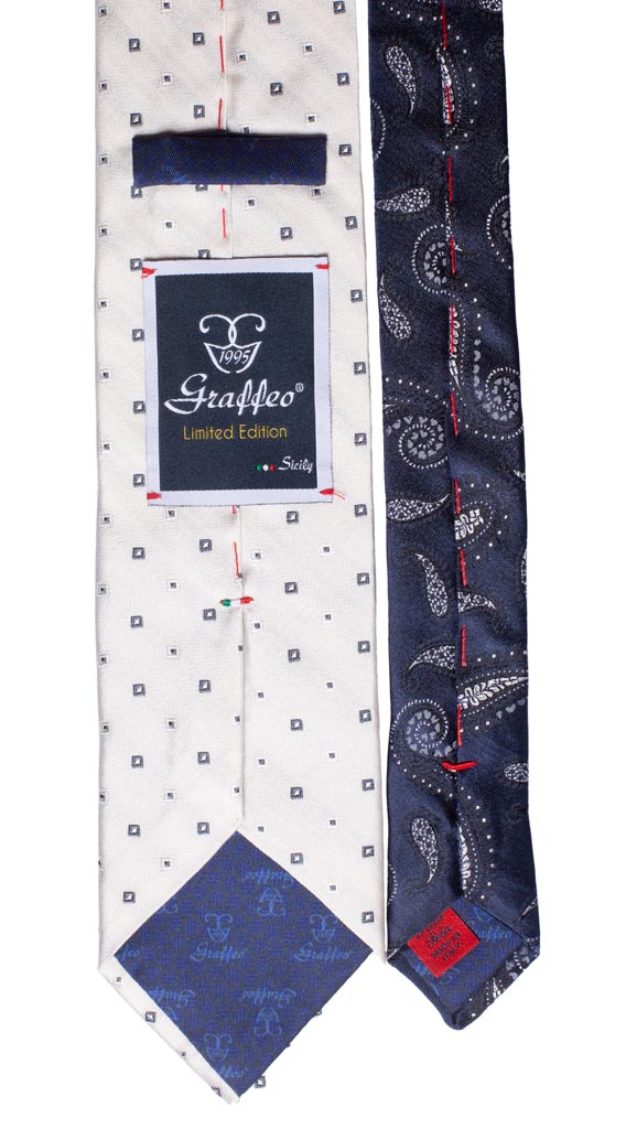 Cravatta Bianca Perla Fantasia Grigia Nodo in Contrasto Fantasia Blu Grigio Made in Italy Graffeo Cravatte Pala