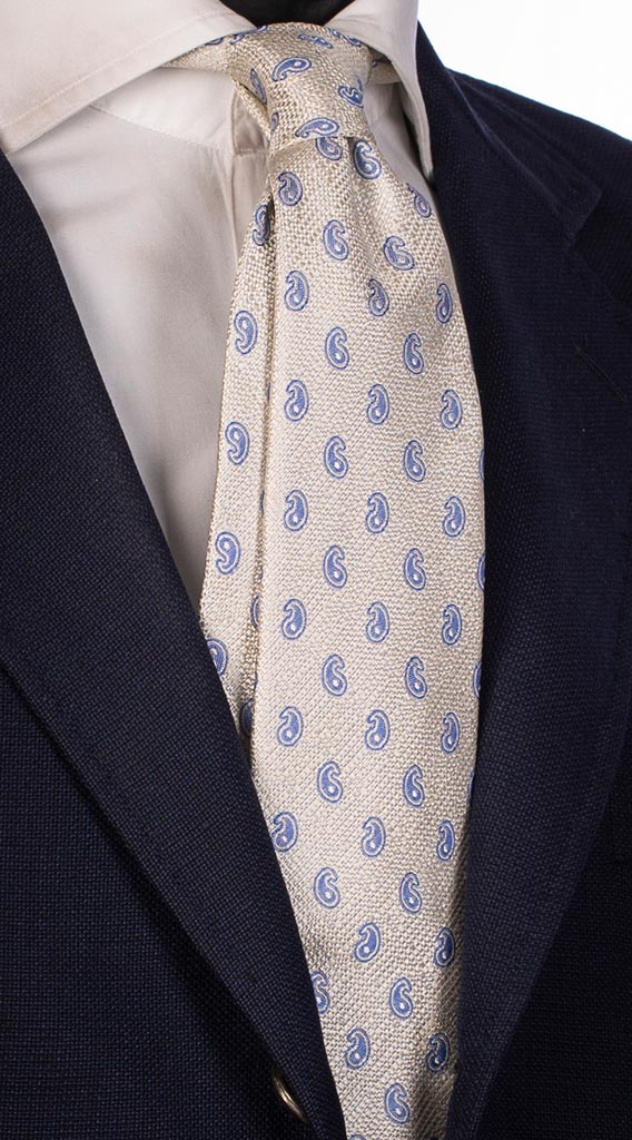 Cravatta Bianco Perla Effetto Cangiante Paisley Celeste Made in Italy Graffeo Cravatte