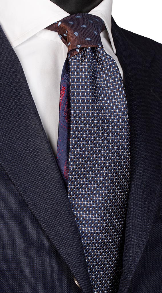 Cravatta Blu Fantasia Marrone Celeste Nodo in Contrasto Marrone Paisley Made in Italy graffeo Cravatte