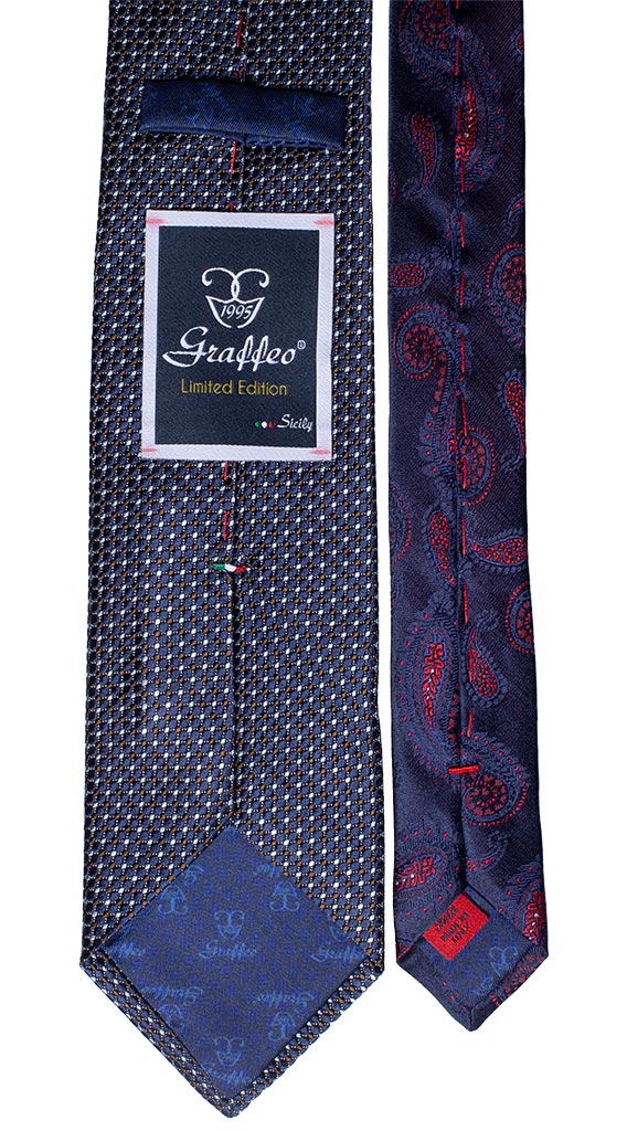 Cravatta Blu Fantasia Marrone Celeste Nodo in Contrasto Marrone Paisley Made in Italy Graffeo Cravatte Pala