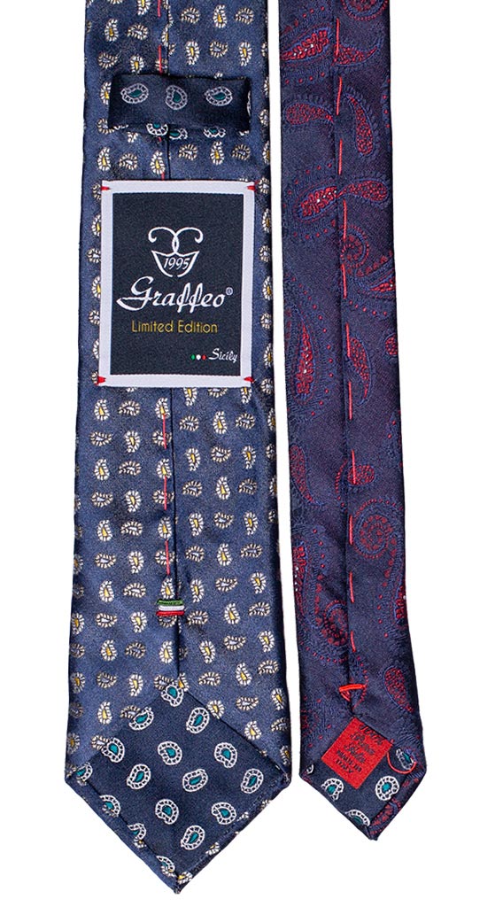 Cravatta Blu Navy Paisley Grigio Giallo Viola Nodo a Contrasto Grigio Blu Made in Italy Graffeo Cravatte Pala