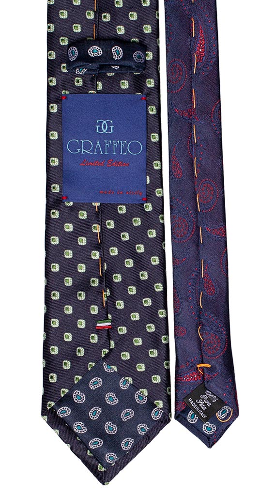Cravatta Blu con Fantasia Verde Nodo a Contrasto Blu Paisley Verde Made in italy Graffeo Cravatte Pala