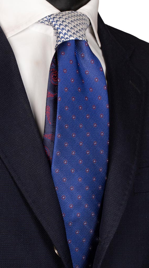 Cravatta Bluette a Fiori Bordeaux Nodo in Contrasto Pied de Poule Bianco Blu Made in Italy Graffeo Cravatte