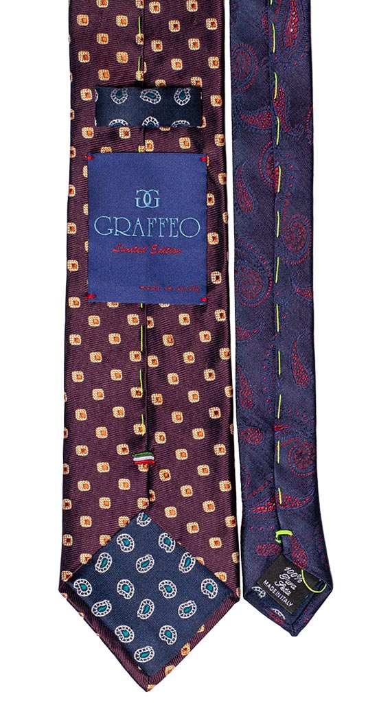 Cravatta Bordeaux Fantasia Arancione Bianco Nodo a Contrasto Bordeaux Paisley Arancione Bianco Made in Italy Graffeo Cravatte Pala