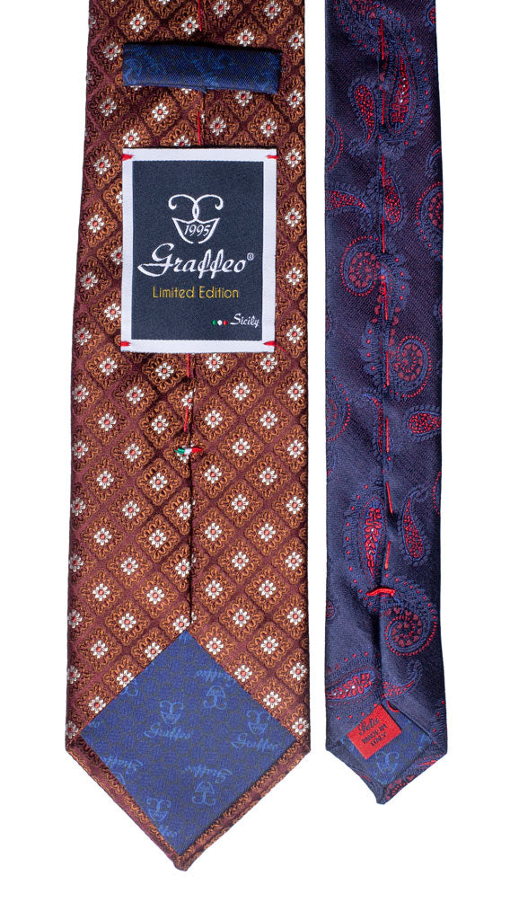 Cravatta Bordeaux Marrone Bianca Nodo in Contrasto Arancione a Fiori Blu Made in Italy Graffeo Cravatte Pala