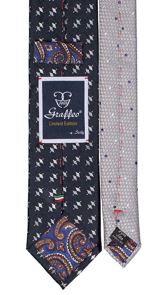 Cravatta Cerimonia Blu Fantasia Grigia Nodo in Contrasto Grigio Blu Made in Italy Graffeo Cravatte Pala