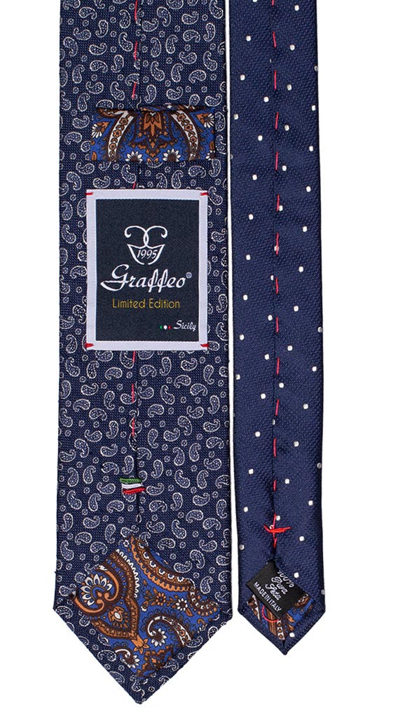 Cravatta Cerimonia Blu Navy Paisley Bianco Nodo in Contrasto Grigio Argento Made in Italy Graffeo Cravatte Pala