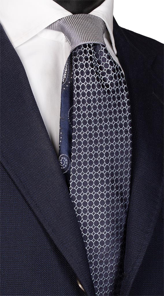 Cravatta Cerimonia Fantasia Blu Argento Nodo in Contrasto Grigio Made in Italy Graffeo Cravatte