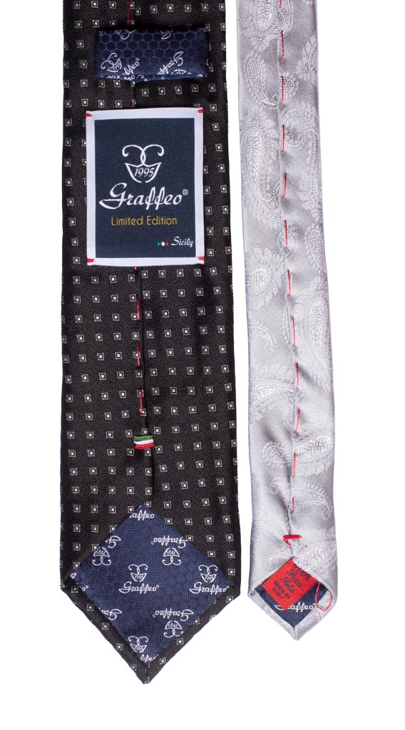 Cravatta Cerimonia Nera Fantasia Grigia Nodo in Contrasto Grigio a Fiori Made in Italy Graffeo Cravatte Pala