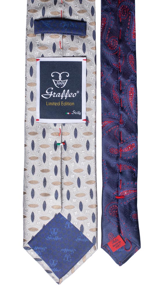 Cravatta Grigia Fantasia Blu Beige Nodo in Contrasto Blu Made in Italy Graffeo Cravatte Pala