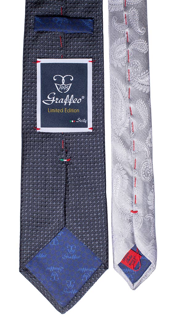 Cravatta Grigia Scura Nodo in Contrasto Grigio Fantasia Nera Made in Italy Graffeo Cravatte Pala