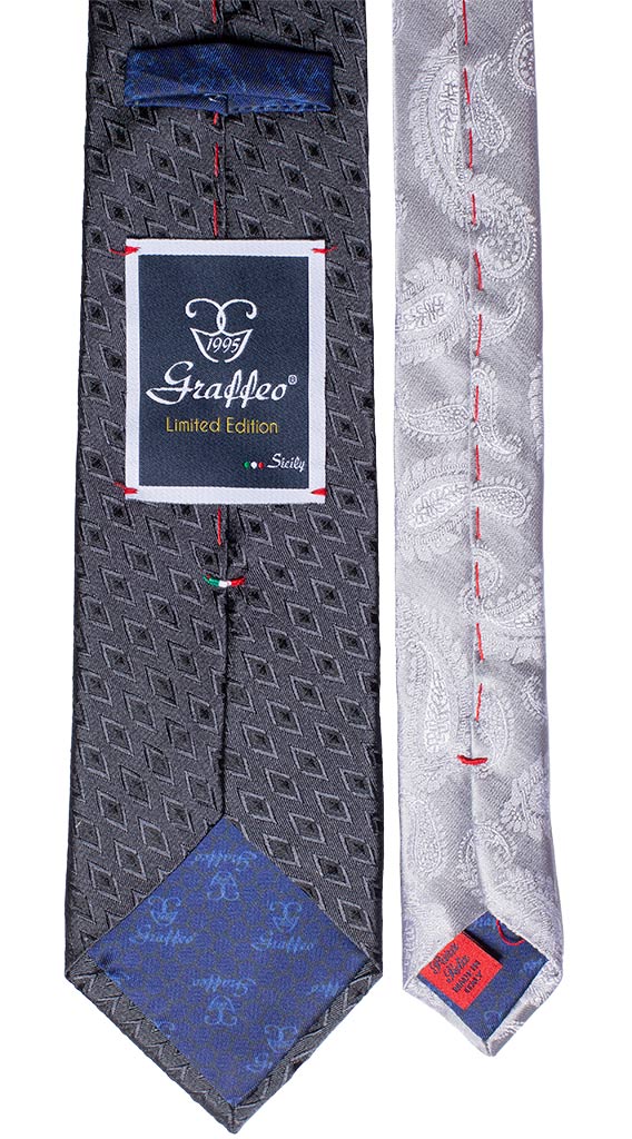 Cravatta Grigio Scuro Fantasia Nera Nodo in Contrasto Grigio Made in Italy Graffeo Cravatte Pala