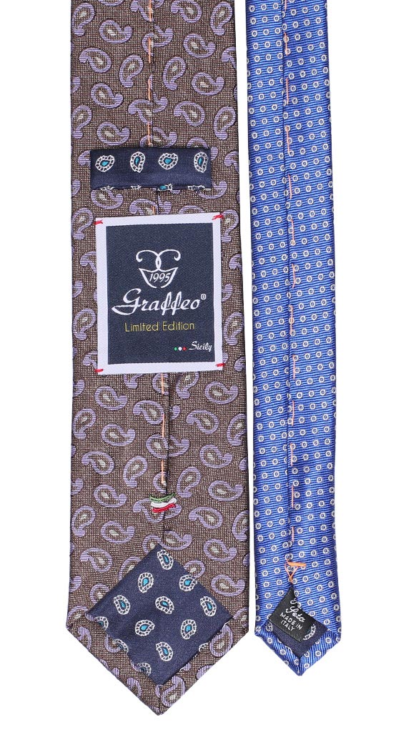 Cravatta Marrone Effetto Vintage Paisley Viola Bianco Nodo in Contrasto Celeste Fantasia Fucsia Bianco Made in Italy Graffeo Cravatte Pala