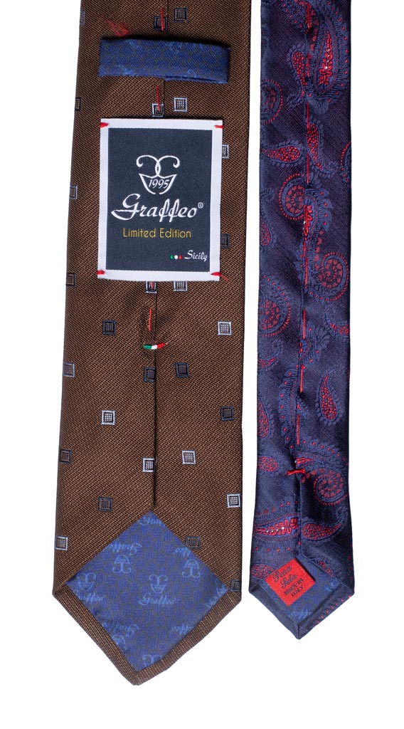 Cravatta Marrone Fantasia Blu Celeste Nodo in Contrasto Blu Marrone Made in Italy Graffeo Cravatte Pala