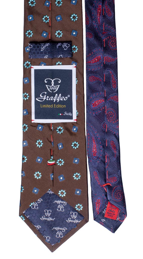 Cravatta Marrone Fantasia Bluette Turchese Nodo in Contrasto Avorio Made in Italy Graffeo Cravatte Pala