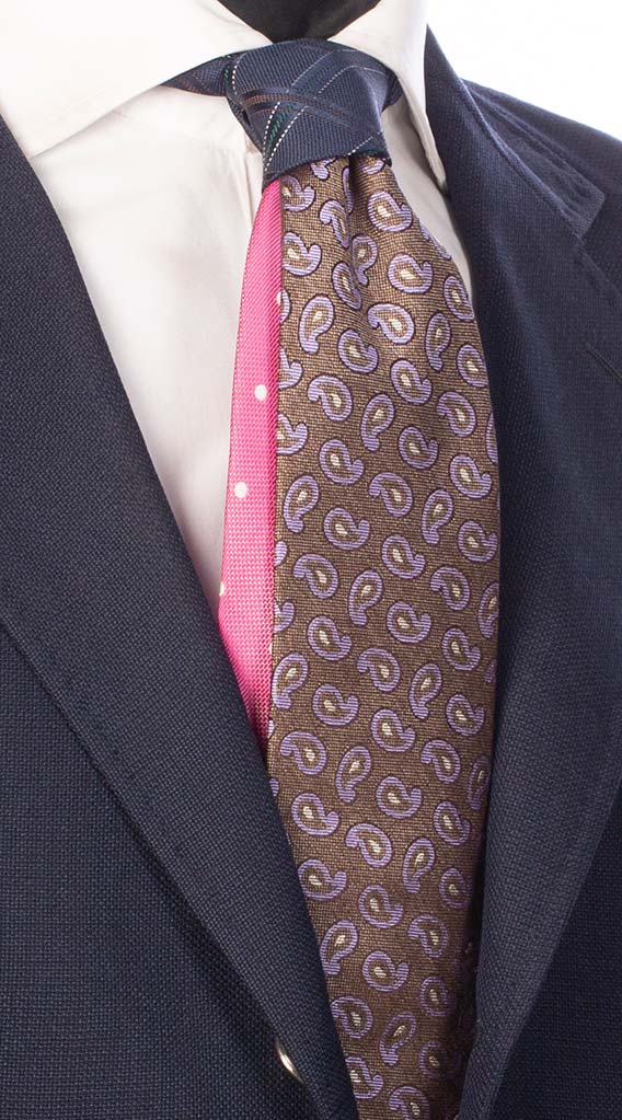Cravatta Marrone Vintage Paisley Viola Bianco Nodo in Contrasto a Quadri Blu Made in Italy Graffeo Cravatte