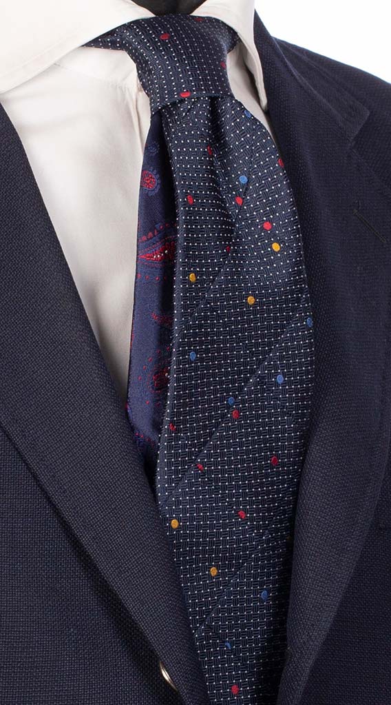 Cravatta Mosaico Blu Bianco Patchwork di Seta Pois Bluette Rossi Gialli Made in Italy Graffeo Cravatte