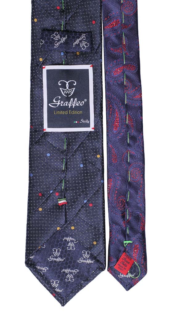 Cravatta Mosaico Blu Bianco Patchwork di Seta Pois Bluette Rossi Gialli Made in Italy Graffeo Cravatte Pala