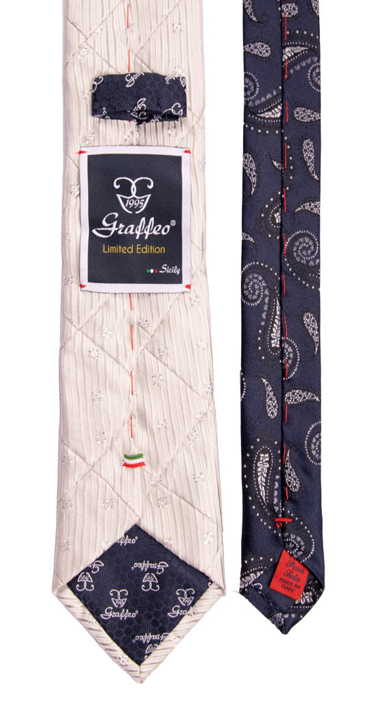 Cravatta Mosaico Patchwork di Seta Grigia Argento Blu Fantasia Lurex Made in Italy graffeo Cravatte Pala