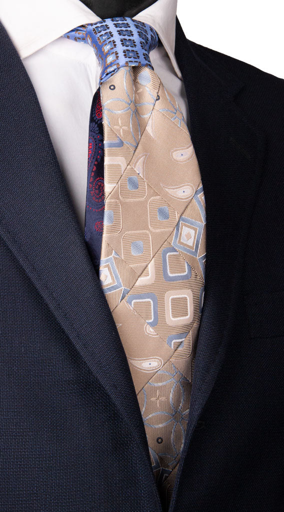 Cravatta Mosaico Patchwork di Seta Tortora Celeste Fantasia Made in Italy Graffeo Cravatte