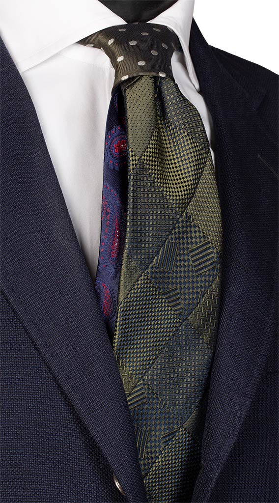 Cravatta Mosaico Verde Patchwork di Seta Tono su Tono Made in Italy Graffeo Cravatte