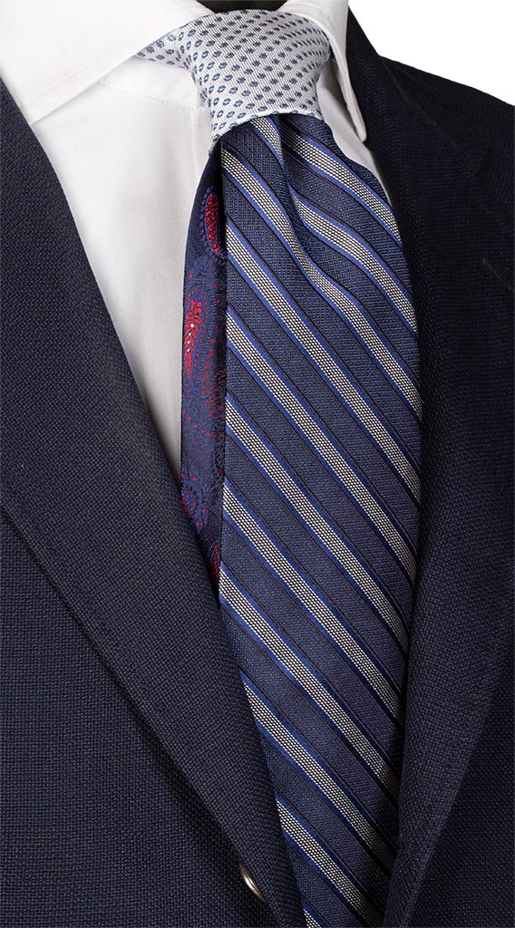 Cravatta Regimental Blu Avio Grigia Nodo in Contrasto Bianco Made in Italy graffeo Cravatte