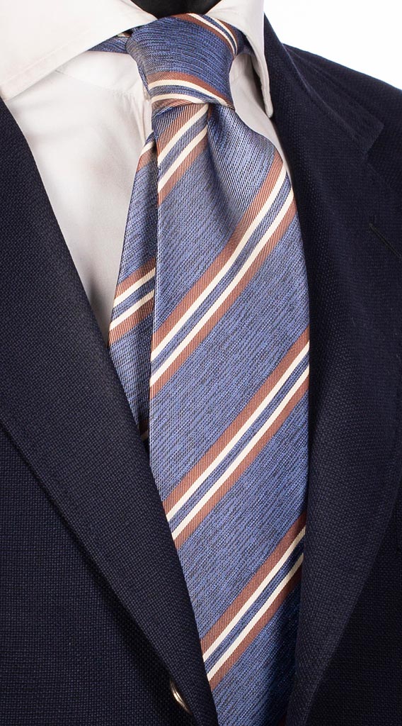 Cravatta Regimental di Seta Celeste Blu Marrone Bianco Effetto Lino Made in Italy Graffeo Cravatte