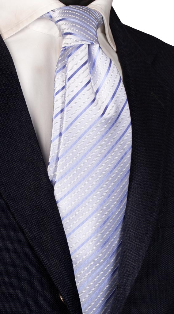 Cravatta Regimental di Seta Celeste Ghiaccio Grigio Argento Lurex Made in Italy Graffeo Cravatte