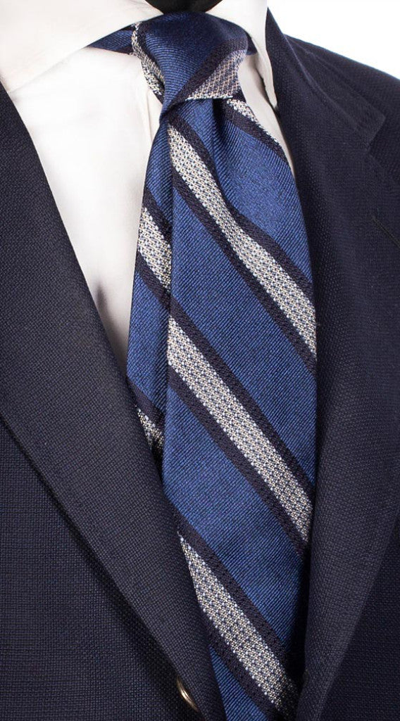 Cravatta Regimental di Seta Effetto Lino Bluette Blu Celeste Bianco Made in Italy Graffeo Cravatte