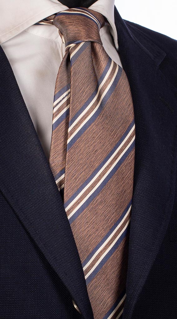Cravatta Regimental di Seta Tortora Blu Navy Bianco Effetto Lino Made in Italy Graffeo Cravatte