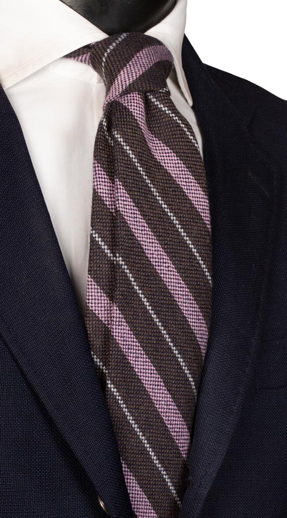 Cravatta Regimental in Lana Cashmere Marrone Blu con Righe Rosa Grigie Chiare L925 Made in Italy Graffeo Cravatte