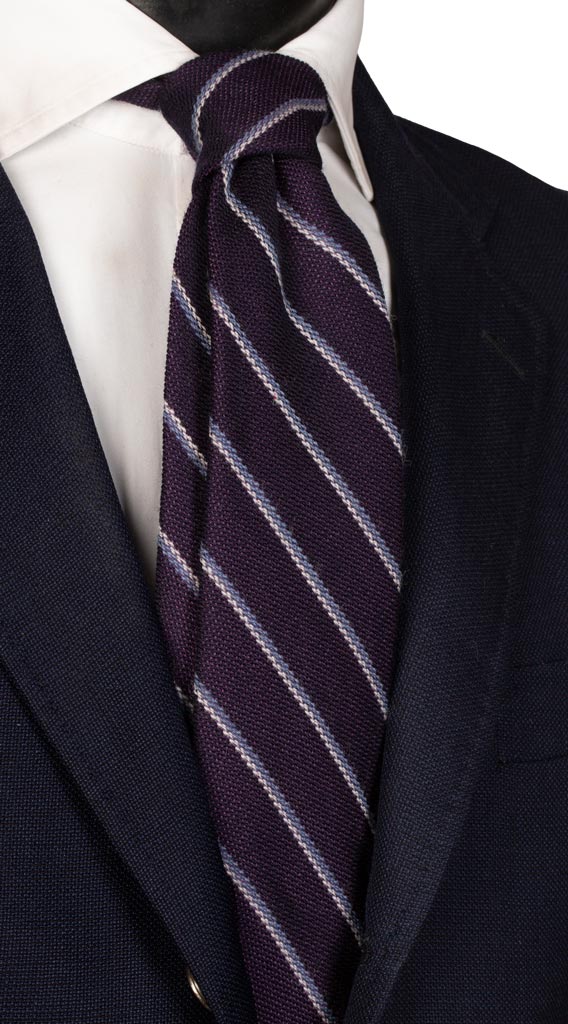 Cravatta Regimental in Lana Seta Blu Viola con Righe Grigie Celesti Made in Italy Graffeo Cravatte