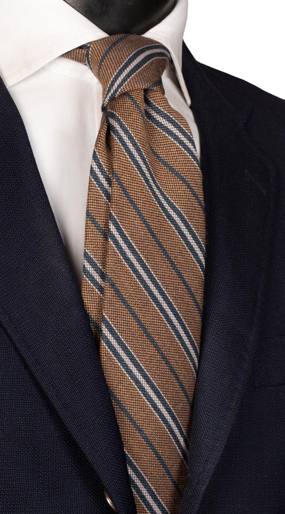 Cravatta Regimental in Lana Seta Marrone chiaro Righe Verdi Grigie Made in Italy Graffeo Cravatte