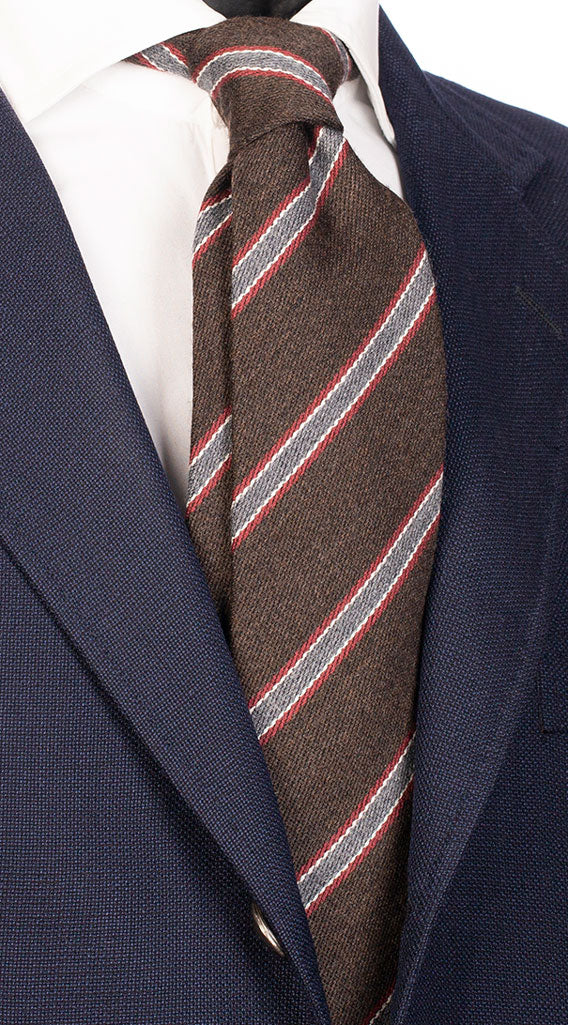 Cravatta Regimental In Lana Seta Marrone Bordeaux Grigio Made in Italy Graffeo Cravatte