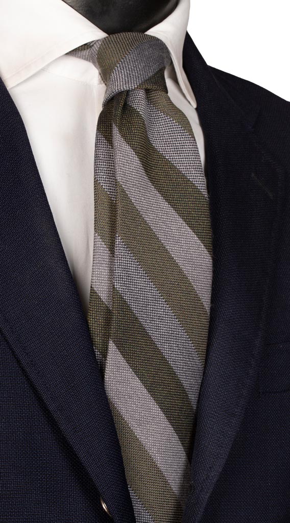 Cravatta Regimental in Lana Seta Righe Verdi Grigie Made in Italy Graffeo Cravatte