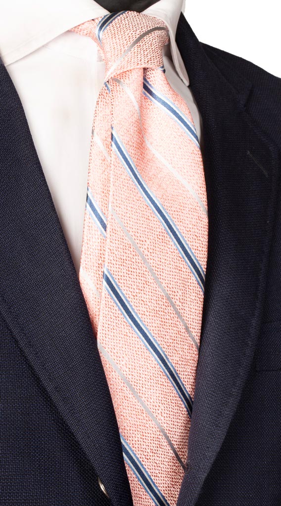 Cravatta Regimental in Seta Lino Rosa Righe Celesti Grigio Argento Made in Italy Graffeo Cravatte