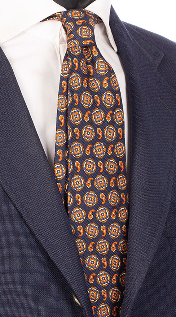 Cravatta Sette Pieghe Blu con Fantasia Marrone Gialla Arancio Bluette Made in Italy Graffeo Cravatte