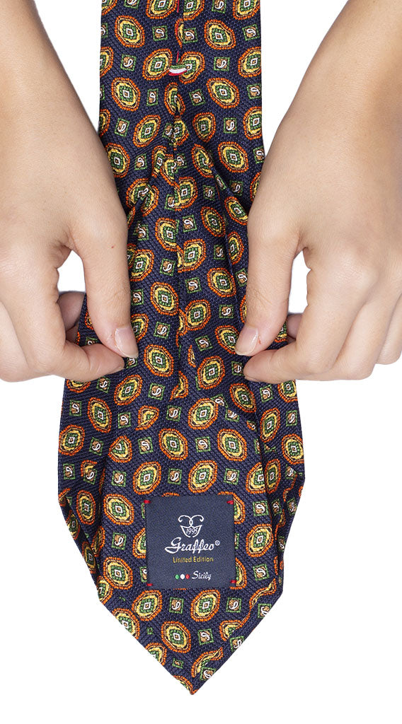 Cravatta Sette Pieghe Stampa di Seta Blu Fantasia Arancione Gialla Marrone Bianca Verde Made in Italy Graffeo Cravatte Pala