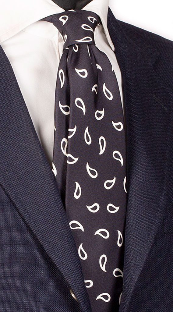 Cravatta Sette Pieghe Stampa di Seta Blu Paisley Bianco Made in Italy Graffeo Cravatte