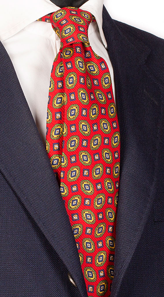 Cravatta Sette Pieghe Stampa di Seta Fantasia Rossa Verde Gialla Bluette Made in Italy Graffeo Cravatte