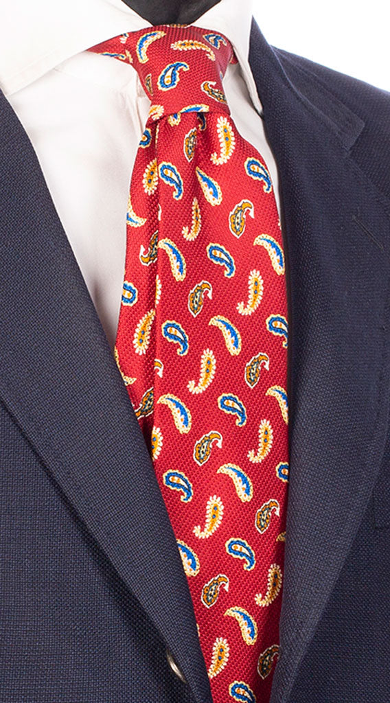 Cravatta Sette Pieghe Stampa di Seta Rossa Paisley Multicolor Made in Italy Graffeo Cravatte