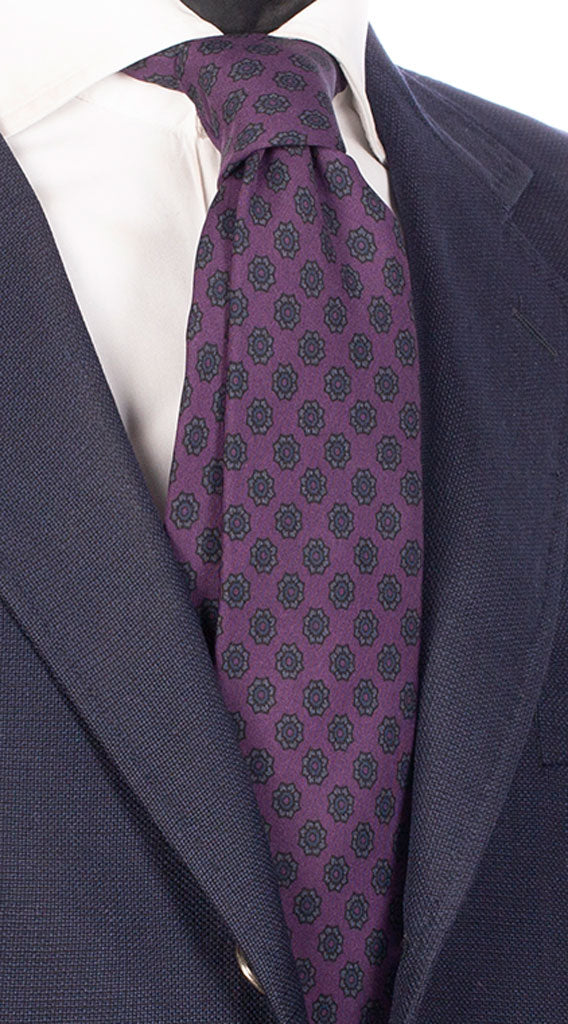 Cravatta Sette Pieghe Stampa di Seta Viola Fantasia Blu Navy Verde Made in Italy Graffeo Cravatte