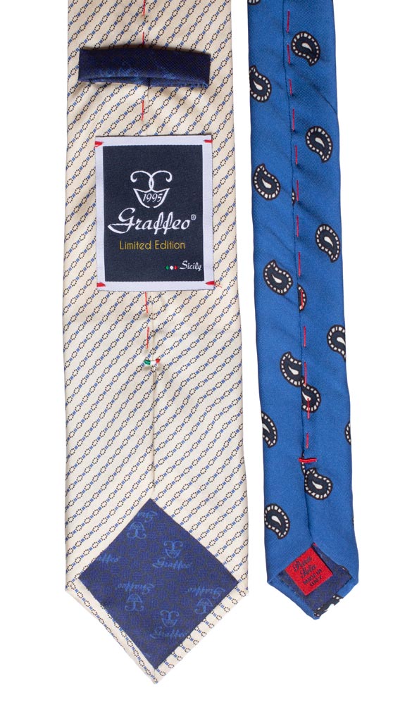 Cravatta Stampa Avorio Fantasia Bluette Nodo in Contrasto Bluette Paisley Blu Bianco Made in Italy Graffeo Cravatte Pala