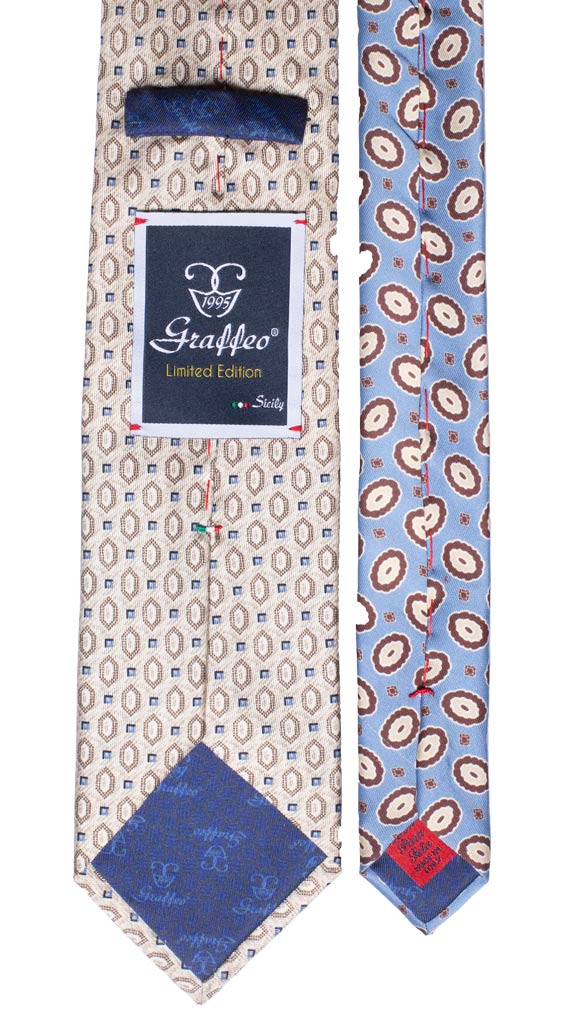 Cravatta Stampa Beige Fantasia Bluette Nodo in Contrasto Blu a Fantasia Made in Italy Graffeo Cravatte Pala