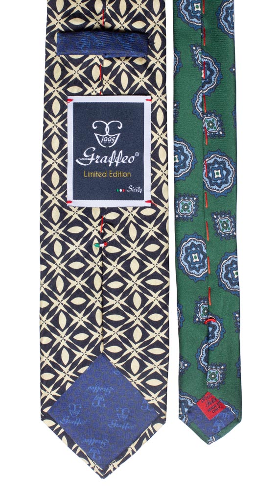 Cravatta Stampa Blu Notte Fantasia Avorio Nodo in Contrasto Grigio Avorio Made in Italy Graffeo Cravatte Pala