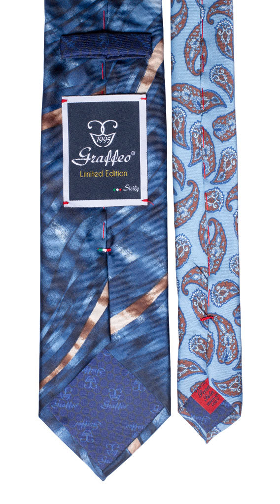 Cravatta Stampa Bluette Fantasia Beige Nodo in Contrasto Grigio Fantasia Made in Italy graffeo Cravatte Pala
