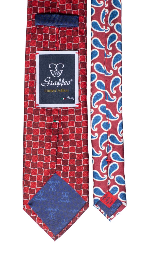 Cravatta Stampa Fantasia Rossa Bordeaux Nodo in Contrasto Vinaccia Fantasia Made in Italy Graffeo Cravatte Pala