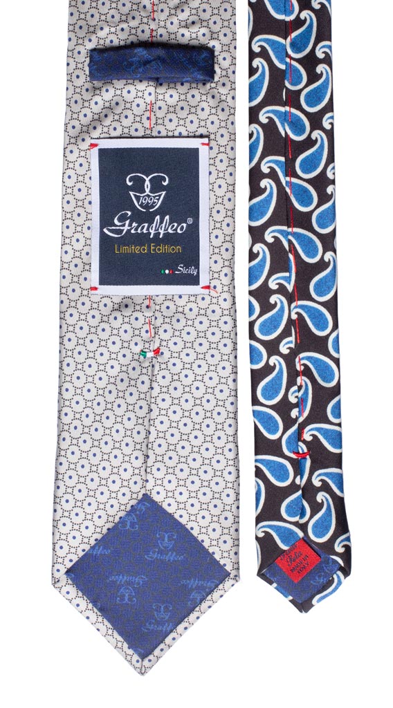 Cravatta Stampa Grigia Fantasia Nera Bluette Nodo in Contrasto Nero a Fiori Made in Italy Graffeo Cravatte Pala