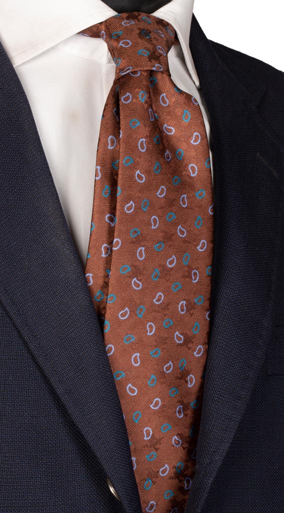 Cravatta Stampa di Seta Marrone Cangiante Paisley Celeste Azzurro Made in Italy Graffeo Cravatte